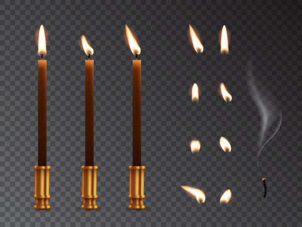 教堂蜡烛与一组发光和熄灭的火焰和烟矢量插图。3D逼真的蜡蜡烛与火上的灯芯，动画序列收集温暖的火在黑暗透明的背景图片下载