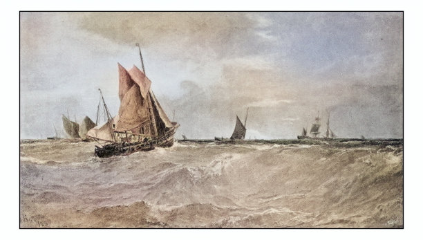 古色古香的绘画照片:海上的船图片下载