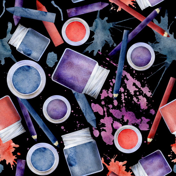 水彩手绘插画，儿童儿童绘画材料用品，红蓝紫艺术文具。无缝的背景上孤立的黑色。学校，幼儿园，派对，卡片，网站，印刷品图片下载