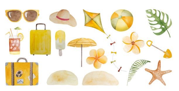 手绘水彩图像集包括手提箱，帽子，冰淇淋，热带植物等图片下载