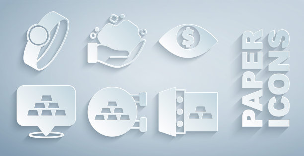 集珠宝店，眼睛与美元，金条，安全黄金，金块和戒指图标。向量图片下载