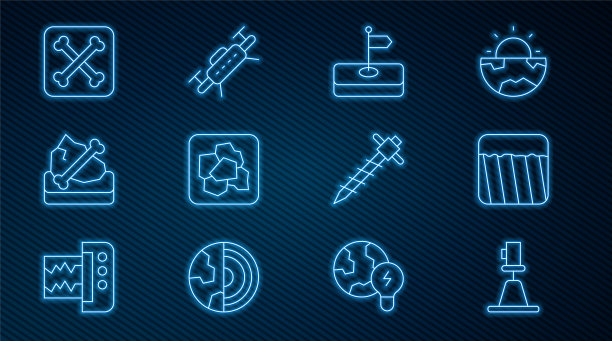 设置线测速仪，经纬仪，地面，旗帜，金块，考古，施工手提钻和无人机图标。向量图片下载