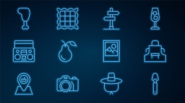 集线勺子，厨房围裙，道路交通标志，梨，家庭立体声与两个扬声器，鸡腿，相框和方格餐巾图标。向量图片下载