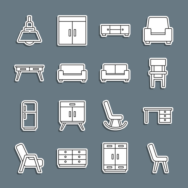 采购产品扶手椅，办公桌，椅子，抽屉柜，沙发，吊灯和图标。向量图片下载