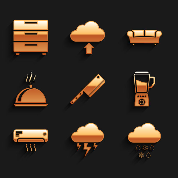 集肉斩，风暴，云与雪和雨，搅拌机，空调和食物图标覆盖托盘。向量图片下载