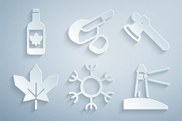 集雪花，木斧，加拿大枫叶，灯塔，豌豆培根和啤酒瓶图标。向量图片下载