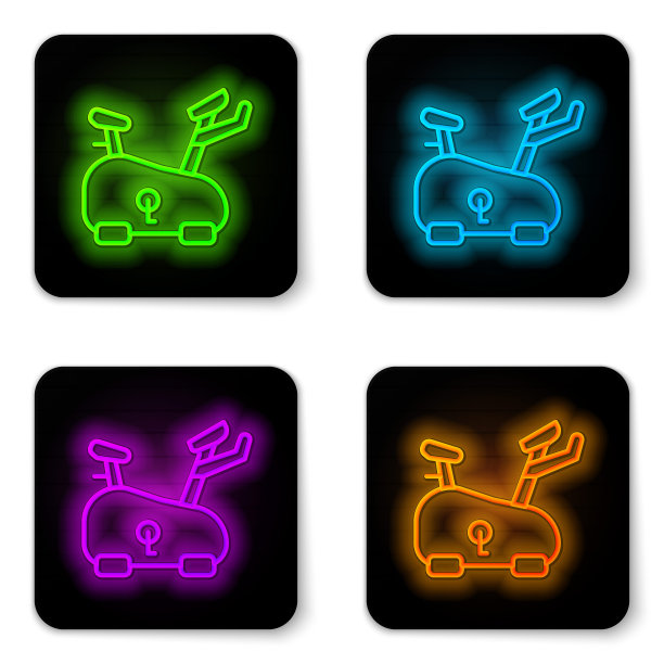 发光的霓虹灯线固定自行车图标孤立的白色背景。自行车运动。黑色方形按钮。向量图片下载