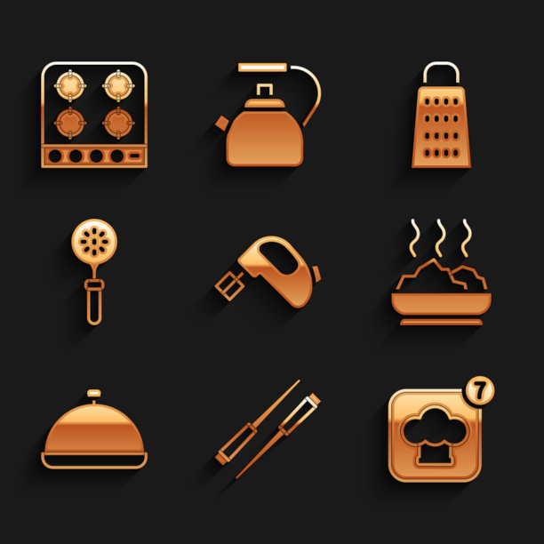 集电动搅拌机，食品筷子，厨师帽，碗热汤，覆盖托盘食品，锅铲，磨碎器和煤气炉图标。向量图片下载