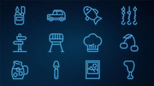 集线鸡腿，樱桃，鱼，烧烤架，道路交通标志，打火机，厨师帽和汽车图标。向量图片下载