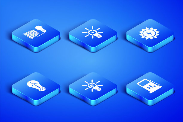 设置加氢站，太阳能板和灯泡，带齿轮的灯，风力涡轮机和图标。向量图片下载