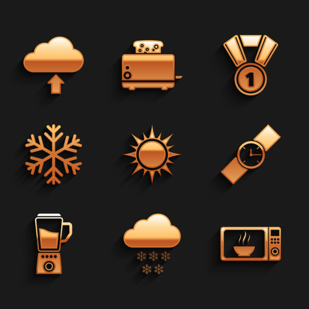 日落，云与雪，微波炉，手表，搅拌机和雪花图标。向量图片下载