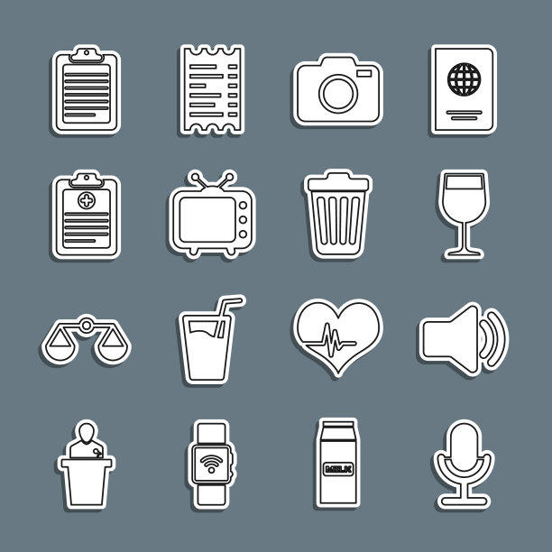 设置线麦克风，扬声器音量，酒杯，照相机，电视电视，临床记录，剪贴板与文件和垃圾桶图标。向量图片下载