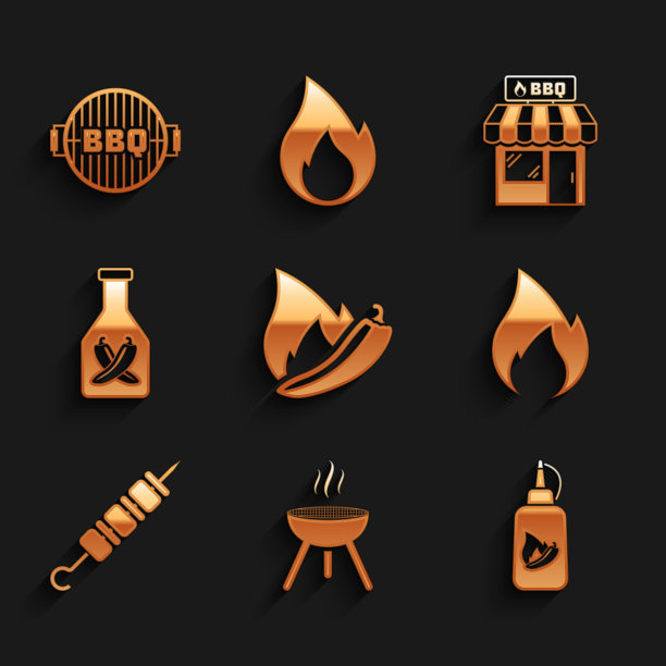 集辣椒荚，烧烤架，番茄酱瓶，火焰，烤羊肉串，购物大楼和图标。向量图片下载