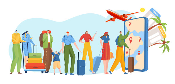 人们排队在线旅游服务，移动旅游业务，通过智能手机选择路线，卡通风格的矢量插图。图片下载