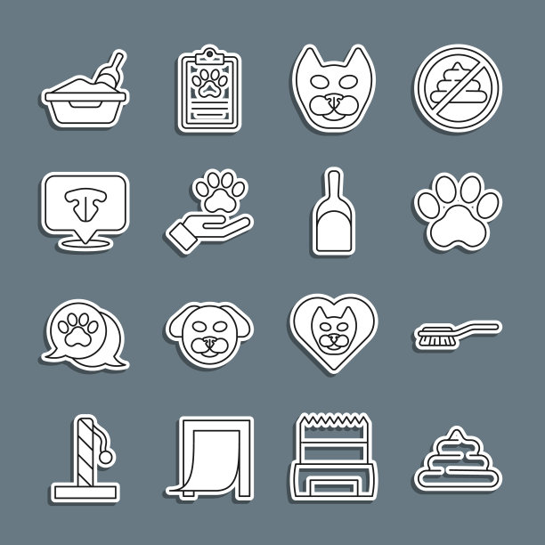设置线狗屎，毛刷狗和猫，爪印，猫，手与动物足迹，鼻子，垃圾托盘铲和簸箕图标。向量图片下载