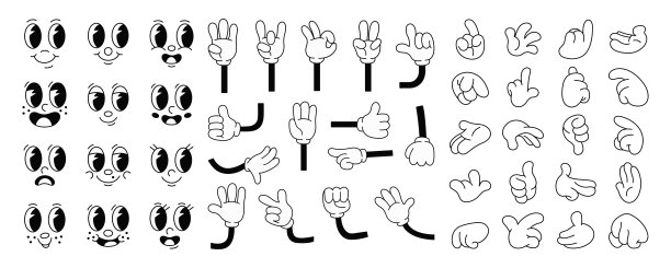 一组70年代groovy漫画面孔矢量。收集卡通人物的脸，腿，手在不同的情绪高兴，生气，悲伤，开朗。可爱的复古时髦的装饰，贴纸嬉皮士插图图片下载