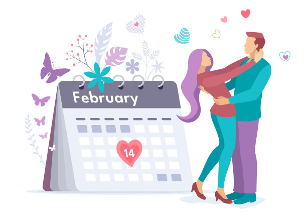 2月14日。日历。拥抱爱情。快乐的拥抱。年轻情侣在情人节坠入爱河。图片下载