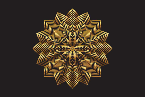 金莲花曼陀罗，生命的种子象征神圣几何。标志图标几何神秘曼陀罗炼金术深奥的花。矢量金色圣诞星星装饰概念孤立的黑色背景图片下载