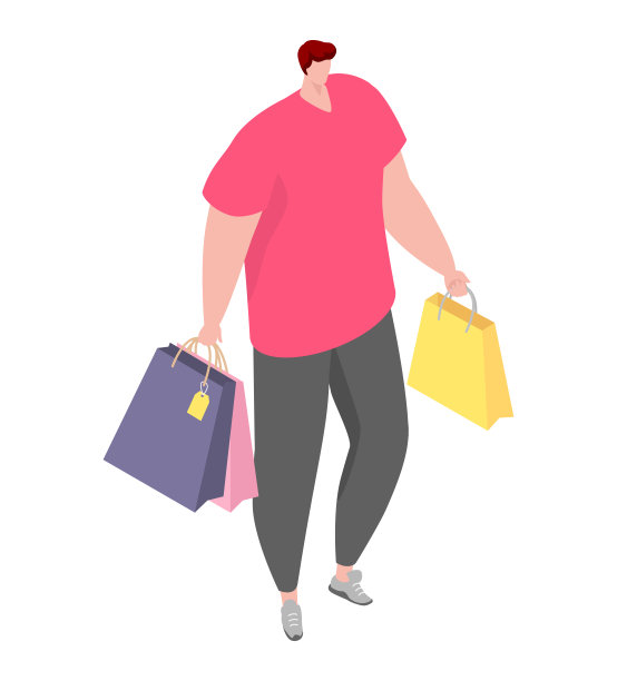 加码男士购物，携带色彩缤纷的包包，风格休闲，现代消费。身体正能量，多元美，时尚男购物者向量插画图片下载