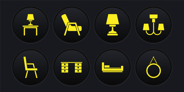 集扶手椅，吊灯，办公桌，床，台灯，镜子和桌子上的图标。向量图片下载