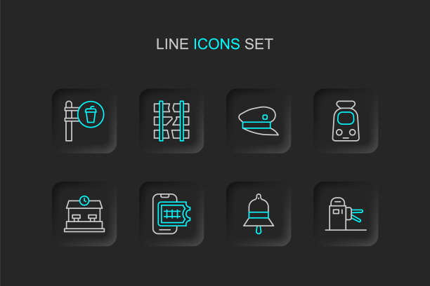 设置线路旋转门，火车站钟，在线订票，铁路，铁路，司机帽，破碎或裂纹和咖啡馆餐厅的位置图标。向量图片下载