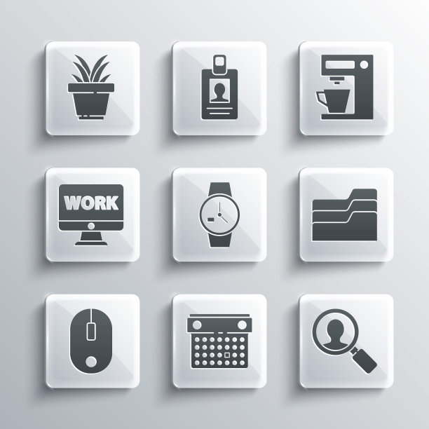 设置日历，放大镜搜索人，文档文件夹，手表，电脑鼠标，显示器与文本工作，花盆和咖啡机图标。向量图片下载
