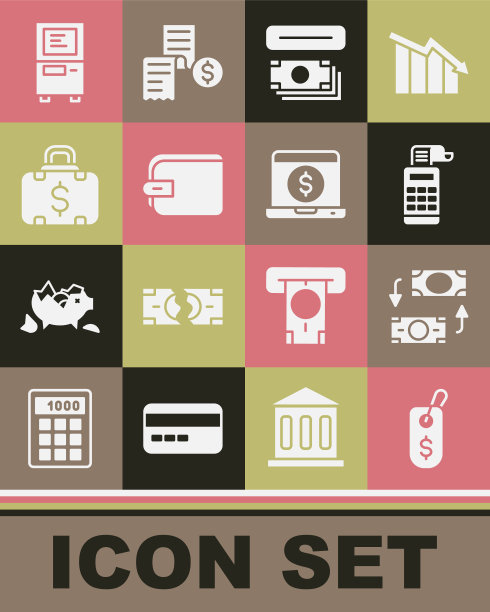 设置价格标签与美元，货币兑换，收银机，自动取款机和钱，钱包，公文包和笔记本电脑的图标。向量图片下载
