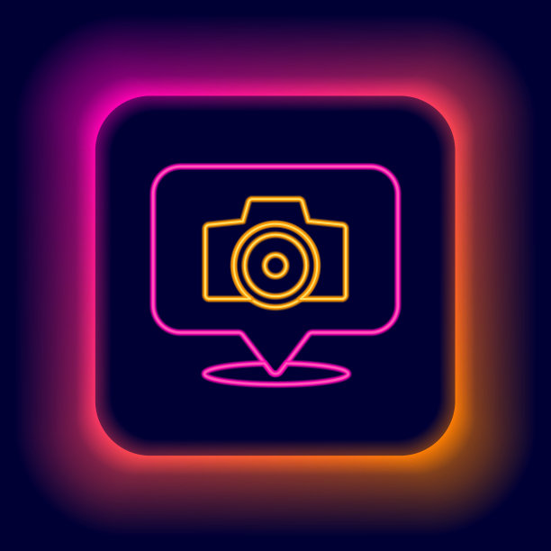 发光的霓虹灯线照片相机图标孤立的黑色背景。与相机。数码摄影。色彩缤纷的轮廓概念。向量图片下载