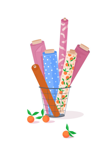 在缝纫车间或纺织商店的金属篮子里的彩色织物卷。橙色和圆点图案。图片下载