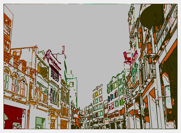 勾勒出艺术风格的卡通城市插画，色彩斑斓的街道建筑场景图片下载