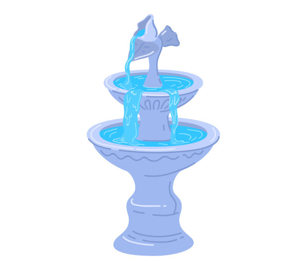 蓝马喷泉雕像有水流。庭园水景宁静，装饰宁静。宁静的户外装饰矢量插图图片下载