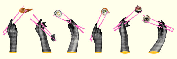 矢量插图的手与卷筒在不同的位置与半色调的效果。卷在复古拼贴风格。寿司店、菜单、日本料理店的广告元素。图片下载