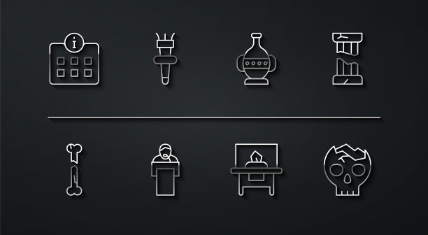 集线信息、人断骨、碎古柱、玻璃展柜、讲座、火炬火焰、人头盖骨、古双耳罐图标。向量图片下载