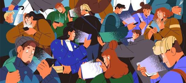 挤在智能手机上。很多悲伤的人读着坏消息，刷着社交媒体。害怕的人用手机上网。手机成瘾，社会问题。平面矢量图图片下载