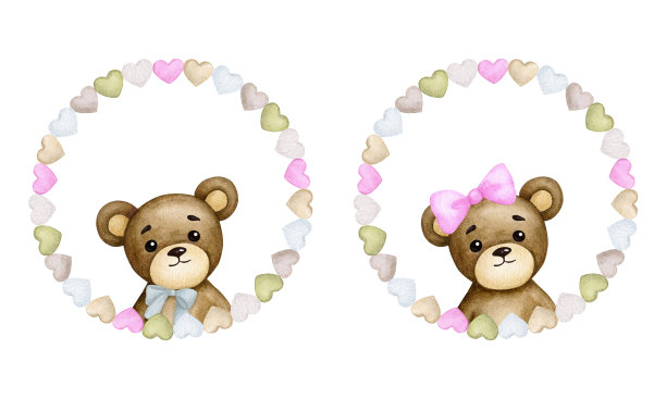 在一个框架里的熊宝宝。男孩和女孩。生日，婴儿派对，儿童派对。儿童水彩插画。设计元素的贺卡，海报，横幅，标志，邀请。图片下载