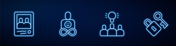设置线项目团队基地，全家福照片，永远的朋友和锁与钥匙。砖墙上发光的霓虹灯图标。向量图片下载