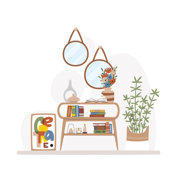 矢量平坦的房子走廊充满了植物和书籍图片下载