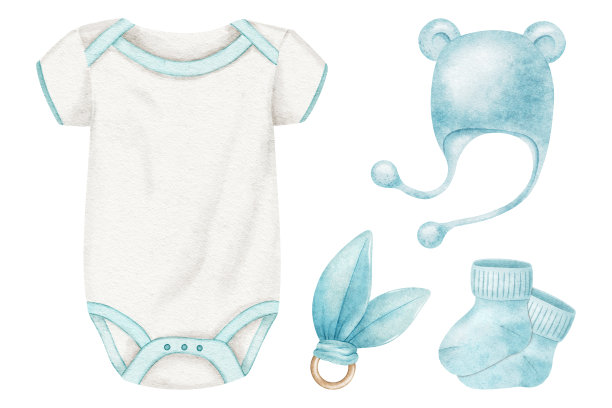 新生儿的一套衣服。紧身衣，蓝靴子，帽子和牙齿。幼稚的配件。水彩插图。孤立。孩子们的剪贴画好和商店，卡片，婴儿淋浴，孩子的房间和玩具图片下载