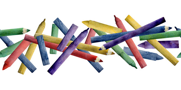 水彩手绘插画，儿童儿童绘画材料用品，铅笔蜡笔记号笔艺术文具。无缝边界隔离在白色。用于学校，幼儿园，聚会，卡片，网站图片下载