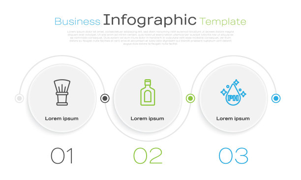 设置线剃须刷，瓶洗发水和油的头发护理治疗。业务信息图表模板。向量图片下载