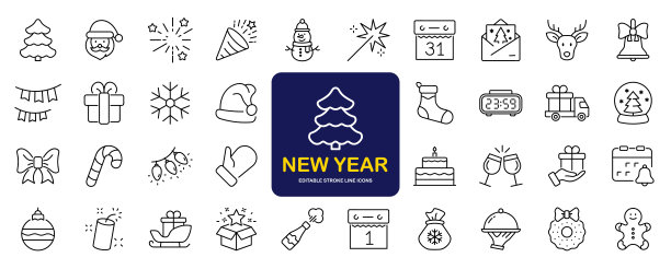 新年假期的网络图标集在线的风格。圣诞快乐和新年快乐的web和移动应用程序图标。冬天，圣诞节，庆祝活动，聚会，生日，活动，圣诞老人，树，雪。可编辑的中风图片下载