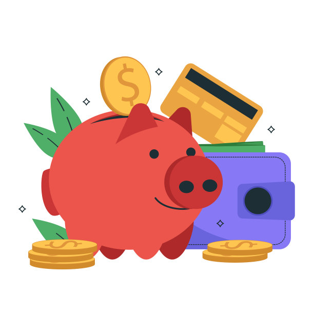 金融发展。以金融业为例。储蓄罐、硬币、钱包、信用卡或借记卡和树叶。向量图形。图片下载