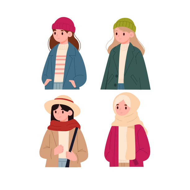 一组不同的人的女孩在冬天的衣服。矢量插图在平面风格图片下载