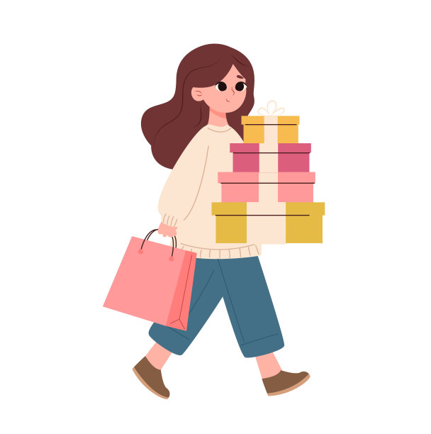 拿着购物袋和礼品盒的年轻女子。矢量插图在卡通风格图片下载