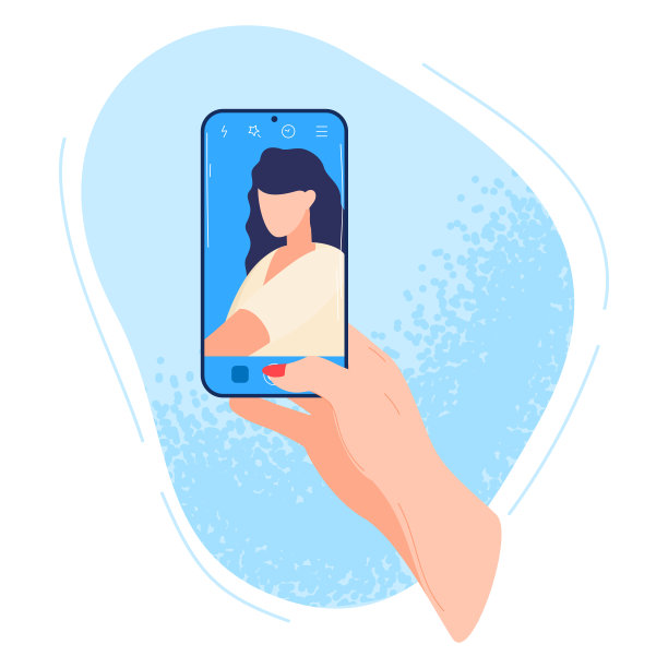 手持智能手机，屏幕上有女性的自拍。现代科技在日常生活中的应用。社会媒体概念矢量插图图片下载