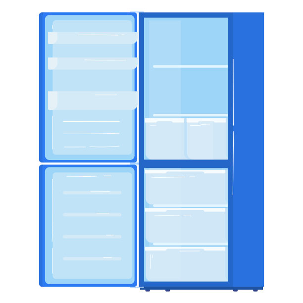 带冰柜的蓝色空冰箱，带货架的开放式冰箱。厨房电器和现代家庭内部矢量插图图片下载
