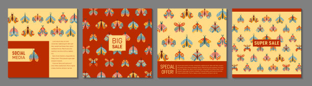 蝴蝶蛾神秘的波西米亚封面方形卡复古设计波西米亚昆虫图案页面背景图片下载