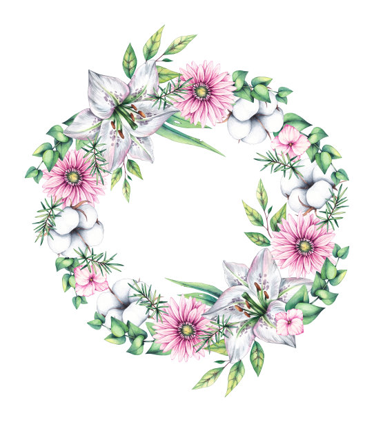 水彩花环与花图片下载