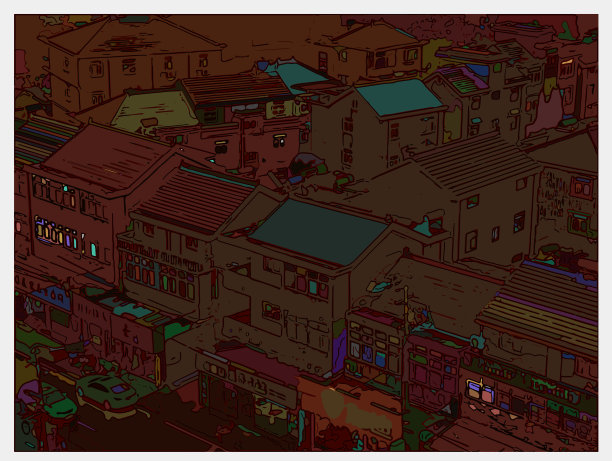 色彩勾勒式卡通插画，鸟瞰中国传统民居场景图片下载