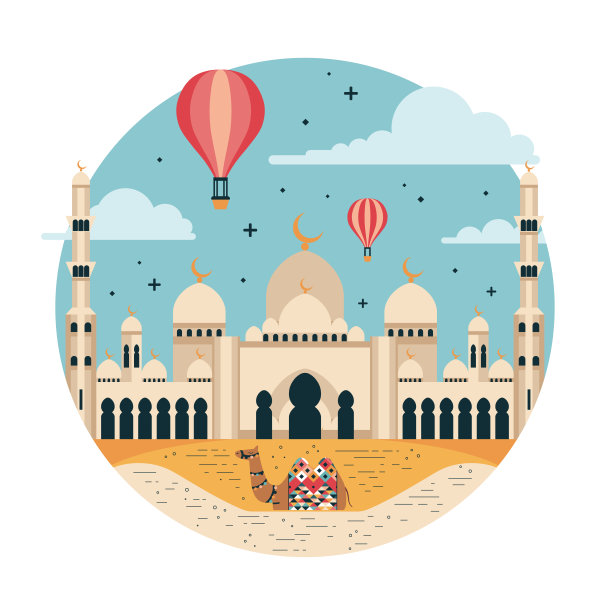 前往阿联酋圆形图标与白色清真寺和骆驼图片下载